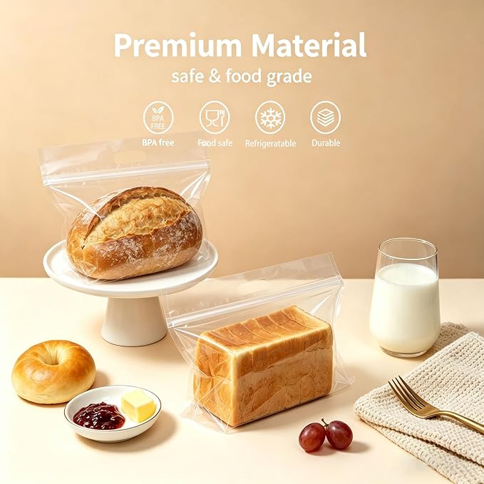 50 Pcs Clear Plastic Bread Bags for Homemade Bread, Resealable & Freezer Safe Bakery Bags Storage for Sourdough, Toast, Bagels, Muffins, Pastries (13‘’ x 10.6'' Clear)