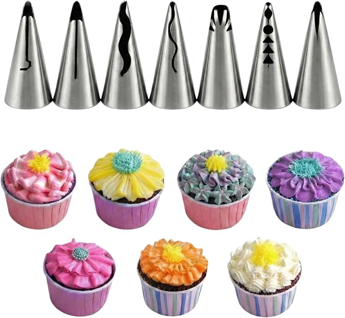 7pcs Russian Ruffle Piping Tips Set - Stainless Steel Pleated Skirt Iceing Nozzles for Cake Decorating, Bobbi Skirt & Flower Frosting Tips for Cupcake, Baking Supplies with Storage Box