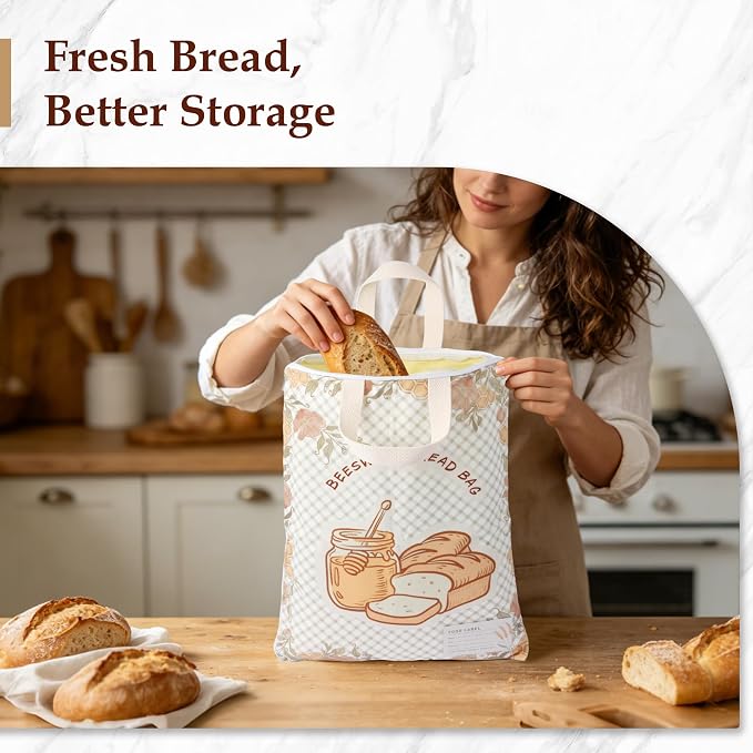 2 Pack Beeswax Bread Bags for Sourdough, 17x13 Inch Reusable Cotton Bread Storage Bags with Zipper and Handle Natural Beeswax Lining Freezer Friendly with 10 Food Labels Included (Floral Honeycomb)