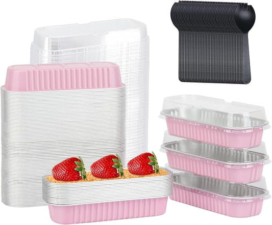 LNYZQUS Mini Cake Pans with Lids 100 Pack,Individual Foil Baking Tins,Disposable Mini Loaf Pans Small Cakes Tin Cupcake Containers for Children's Day Bake Sale-Pink,6.8oz