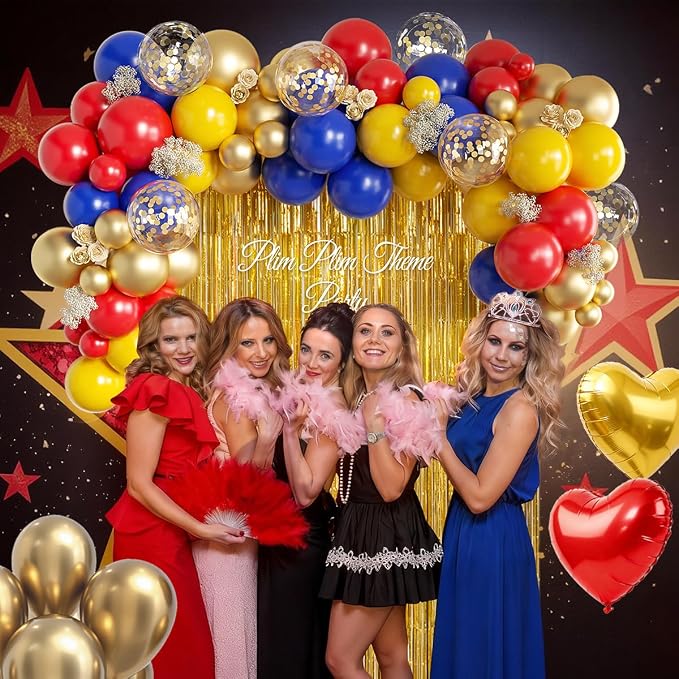 157Pcs Red Blue Yellow Gold Balloons Garland Arch Kit with Fringe Curtain for Snow Beauty White Carnival Circus Super Mario Plim Plim Theme Birthday Baby Shower Party Decorations