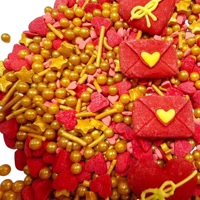 Edible Valentines Sprinkles for Cake Decorating 100g/ 3.53oz, Edible Red Pink Heart Gold Mix Sprinkle for Decorating Baking Cupcakes Cake Cookies Ice Creams Candy