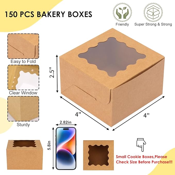 TOMNK 150pcs 4x4x2.5 Inch Cookie Boxes with Window, Small Pastry Boxes, Small Bakery Boxes for Cake, Treats, Donuts, Candy (Brown)