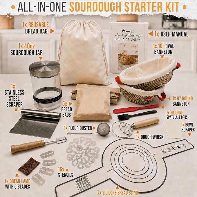 TheWarmUp Sourdough Starter Kit for Beginners with Baking Course & Video Guides, Large 40 oz Glass Jar, 10" Oval and 9" Round Bannetons, Danish Whisk, Lame, Dough & Bowl Scraper, 16 Stencils