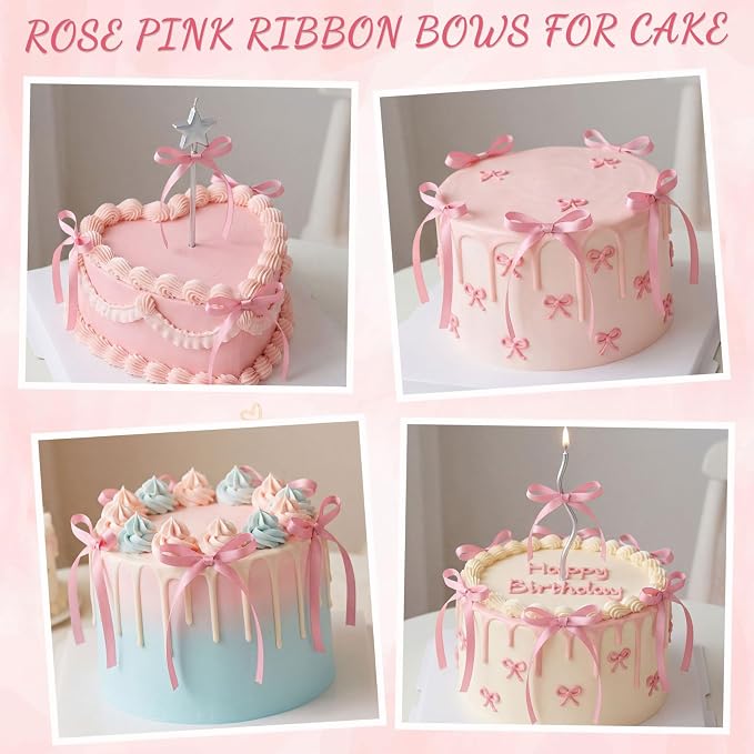 30 Pack Bow Cake Toppers Rose Pink Ribbon Bows for Cake Bow Cupcake Toppers Pink Bow Birthday Decorations for Baby Shower, Wedding, Engagement, Bachelorette Party, Graduation Decoration