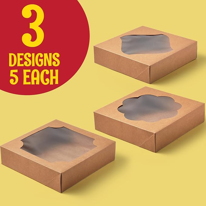 JOYIN 15 Pcs 10x10x2.5 inch Designer Kraft Bakery Boxes with Stickers, Perfect for Cakes, Pies, Cookies, Muffins, Thanksgiving & Christmas