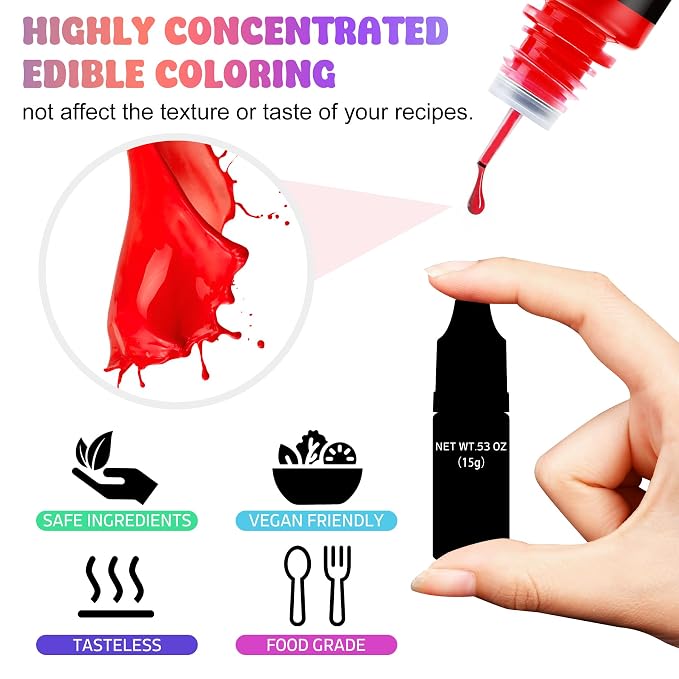 Food Coloring - Rainbow Liquid Icing Food Coloring Set for Baking, Cake Decorating, Easter Egg, Airbrush - 7 Colors Tasteless Edible Food Color Dye for Fondant, Drinks, DIY Slime, Crafts - 15g Each
