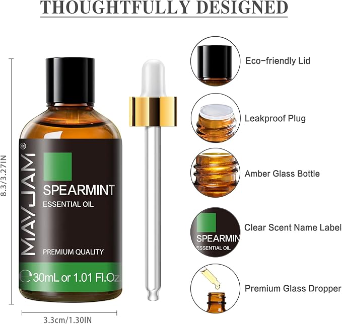 Spearmint Essential Oil 30ML/ 1.01FL.OZ, MAYJAM Pure Spearmint Oil for Massage, Diffuser, Soap Making, Long Lasting Scents