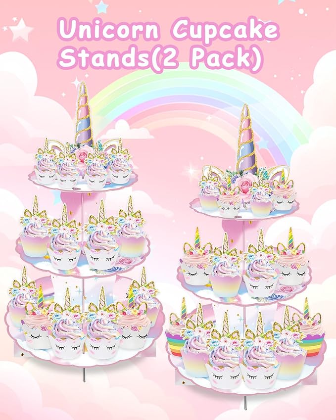 2 Pack Unicorn Cupcake Stands Birthday Decorations: 3-Tier Unicorn and Rainbow Theme Party Supplies Cake Stand Toppers for Girls Kids - Suitable for 48pcs Cupcakes Pink Table Decorations