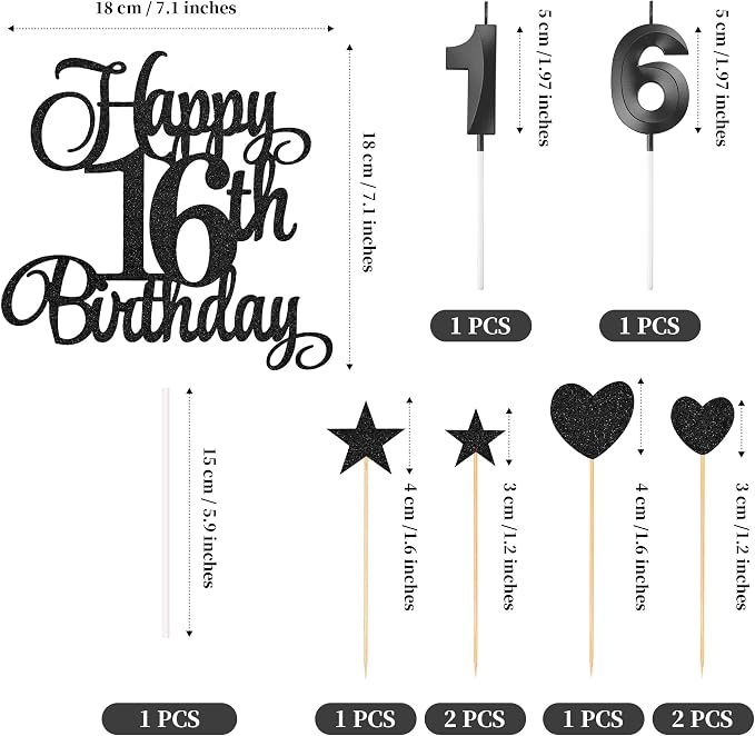 16th Birthday Cake Decorations, 16th Birthday Candles Cake Numeral Candles and Glitter Happy 16th Birthday Cake Toppers Set for Birthday Party Supplies (Black)