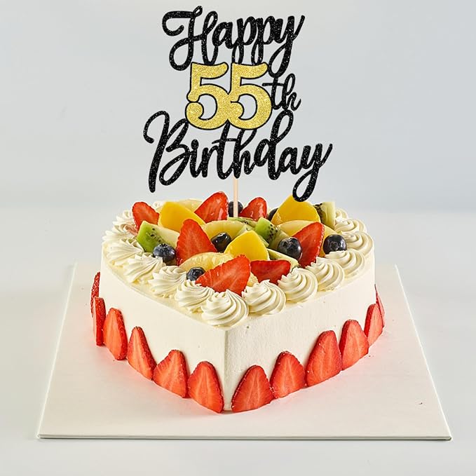 1 PCS Happy 55th Birthday Cake Topper Black Gold Glitter Cheers to 55 Years Birthday Cake Pick 55 Fabulous Cake Decoration for Happy 55th Birthday Anniversary Party Decorations Supplies
