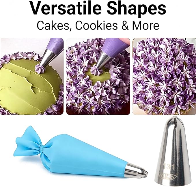 No. 131 Stainless Steel 6-Petal Flower Piping Tip with Reusable Silicone Piping Bag – Cake Decorating Supplies for Cupcakes, Cookies, and Baking