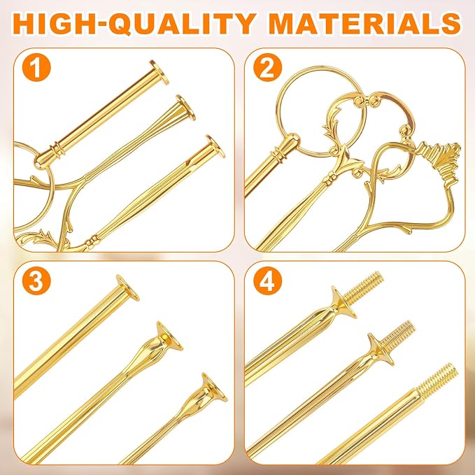 Patelai 12 Sets 3 Tier Cake Stand Hardware Tiered Tray Plate Hardware Kit Heavy Metal Cake Fruit Food Plate Stand Fitting Stacking Kit for Serving Dessert Cupcake Dish Food (Cute,Gold)