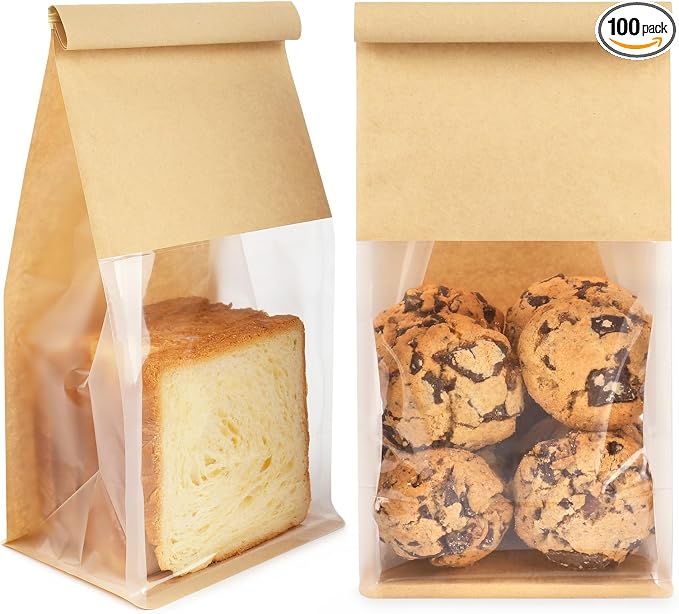 100 Pack Bakery Bags with Window, 5.1x3.9x11 Inches Tin Tie Tab Lock Resealable Cookie Bags for Packaging Bagels, Bread Loaf, Pastry, Baked Goods | Thick Material