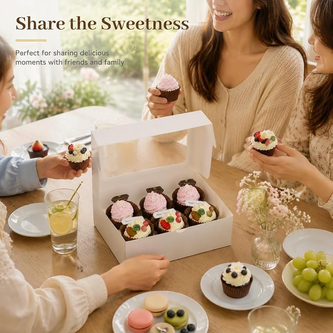 Pralb 20Pack White Cupcake Boxes with Inserts 6 Holders,White Standard Bakery Boxes with Pvc Window,Cupcake Containers Bakery Cake Box,Auto-Popup Cupcake Containers Carriers Bakery Cake Box(9x6x3inch)