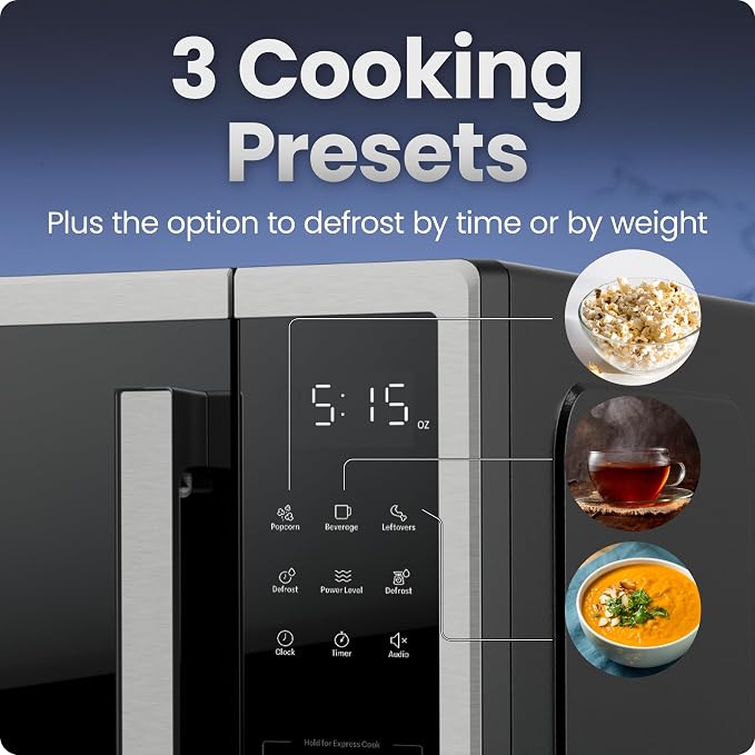 Chefman Countertop Microwave Oven 1.1 Cu. Ft., 1000 Watts with 10 Power Levels, 3 Cooking Presets with One-Touch Express Cook, 2 Defrost Settings, Child Safety Lock, & Mute Button – Stainless Steel