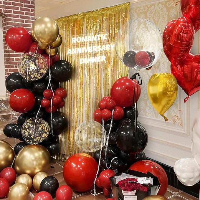 157Pcs Red Black Gold Balloons Garland Arch Kit with Glitter Fringe Curtain Backdrop for Adults Masquerade Halloween New Year Eve Casino Birthday Party Decorations