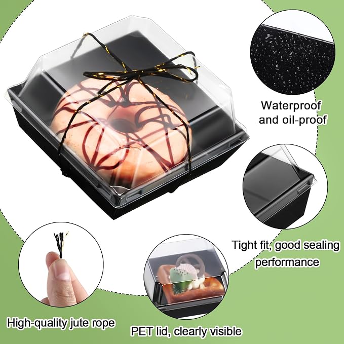 Jetec 50 Pack Charcuterie Boxes with Clear Lids and Rope 4 Inches Cake Disposable Square Dessert Food Box Containers with Lids for Bakery Macaron Cookies Strawberries Fruits Display (Black)
