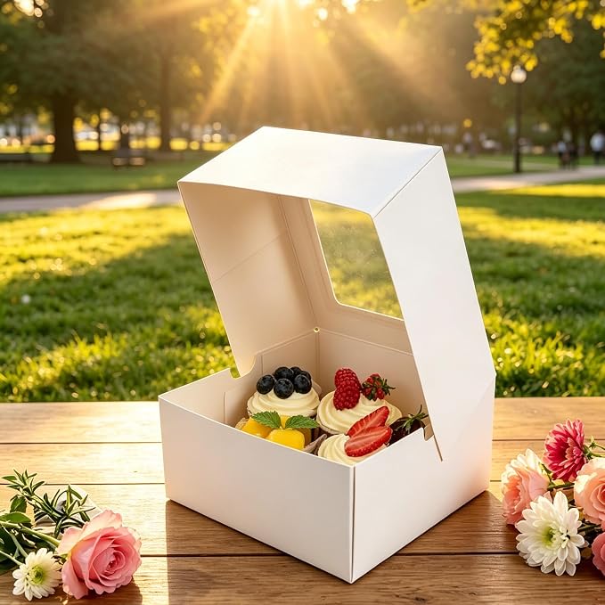 Jotique Cupcake Boxes with Window, 6 Sets 6x6x3 Inch White Paper Bakery Boxes for Cookies and Muffins, Sturdy Disposable Treat Boxes for Individual Pastry, Baked Goods, Gift Giving