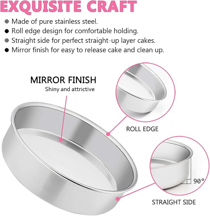 E-far 6 Inch Cake Pan Set of 2, Stainless Steel Round Smash Cake Baking Pans, Non-Toxic & Healthy, Mirror Finish & Dishwasher Safe