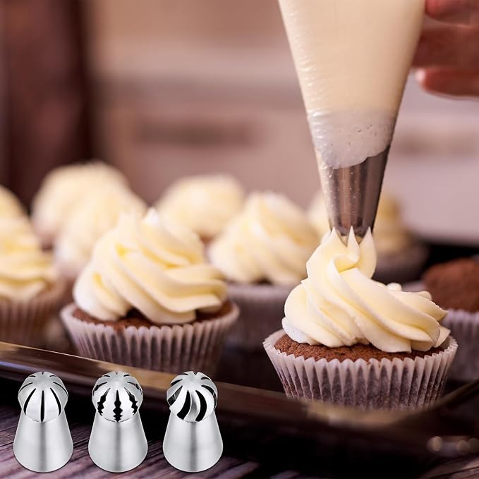 Kasmoire 3Pcs/set Ball Russian Piping Tips,Stainless Steel Russian Piping Tips with 10Pcs Disposable Piping Bags,Cake Icing Nozzles Flower Cake Decorating Tips Kit For Baking