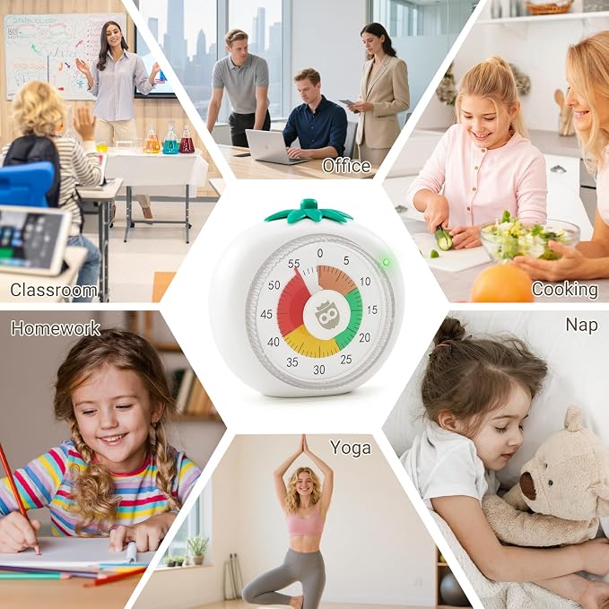 Magnetic Visual Timer, 60-Minute Countdown for Kitchen Classroom Homework | 4-Color Zone Dial with Cute Design, Kids Timer with Pomodoro Mode Time Management Tool for ADHD, Cooking & Baking