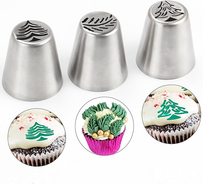 3PCS Christmas Russian Icing Tips Set, Stainless Steel Piping Nozzles for Cake, Cupcake Cookie Decorating – Includes 3 Creative Festive Frosting Tips with Christmas Trees Designs