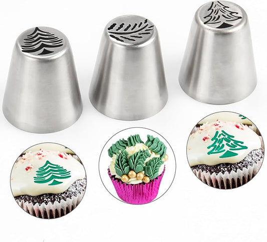 3PCS Christmas Russian Icing Tips Set, Stainless Steel Piping Nozzles for Cake, Cupcake Cookie Decorating – Includes 3 Creative Festive Frosting Tips with Christmas Trees Designs