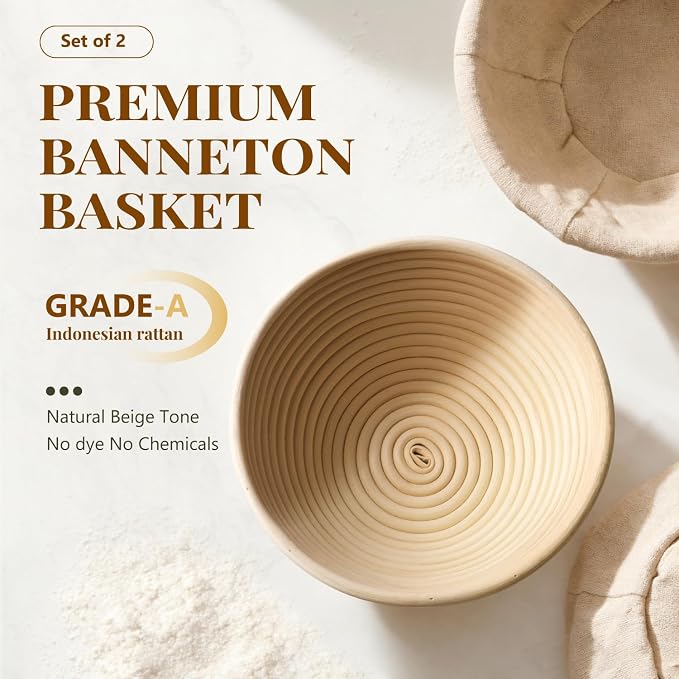 BAVIFY Sourdough Starter Kit, Banneton Bread Proofing Baskets Set, Sourdough Bread Baking Supplies Making Tools with 9 Inch Round Rattan Sourdough Basket, Linen Liner, 2 Round Baskets Set