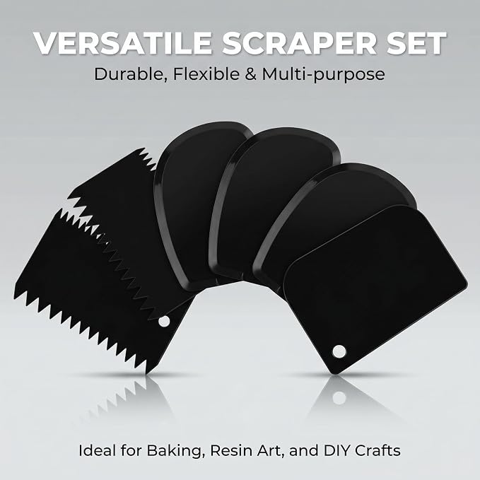 Cake Decorating Scraper Set, 6 Piece Plastic Icing Smoother Tools, Serrated and Flat Edge Dough Scrapers for Baking, Pastry, Bread, Pizza, 2.95-4.81 Inch (black)