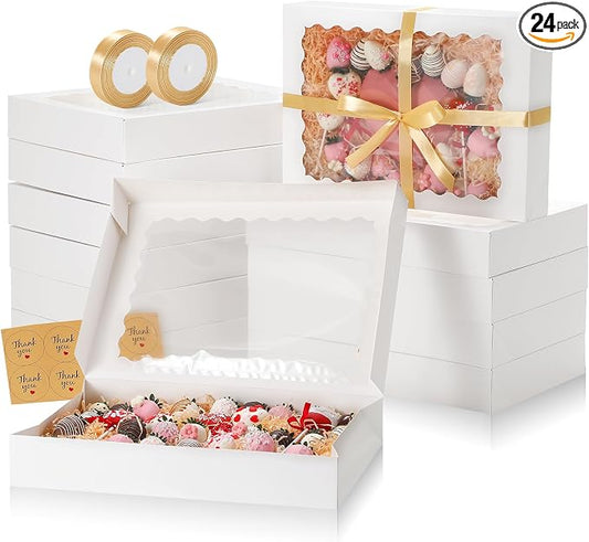 24pcs Cookie Boxes with Window, 16x11x2.5 in Large Auto-Popup Bakery Boxes with Ribbon and Sticks for Treats, Desserts, Chocolate Covered Strawberries, Pies, Muffins, Donuts