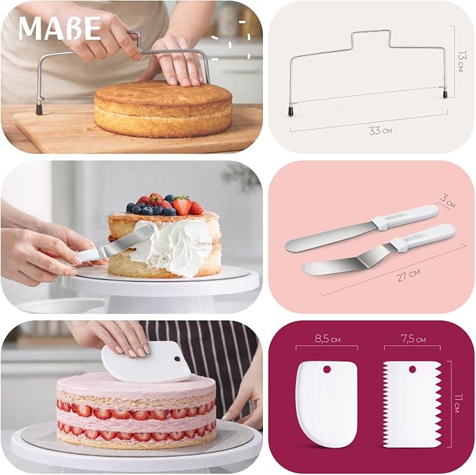 Cake Decorating Kit with Premium Piping Nozzles & Piping Bag, Rotating Cake Plate, Cake Cutter and Versatile Baking Accessories