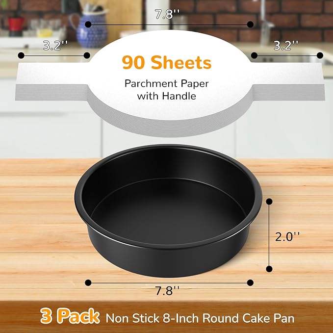 8 Inch Round Cake Pan Set of 3, Nonstick Baking Pans with 100PCS Parchment Paper, Dishwasher Safe
