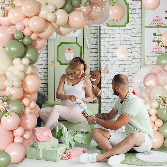 Pink and Sage Green Balloon Arch Kit 131 Pcs Dusty Pink Green Balloons Different Size for Wedding Birthday Baby Shower Gender Reveal Decorations
