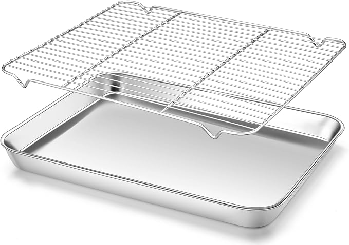 Homikit Baking Sheet with Wire Rack (1 Pan + 1 Rack), 16"x12" Stainless Steel Cookie Sheets for Baking, Metal Baking Tray Jelly Roll Pan with Cooling Rack for Oven Roasting, Nonstick & Dishwasher Safe