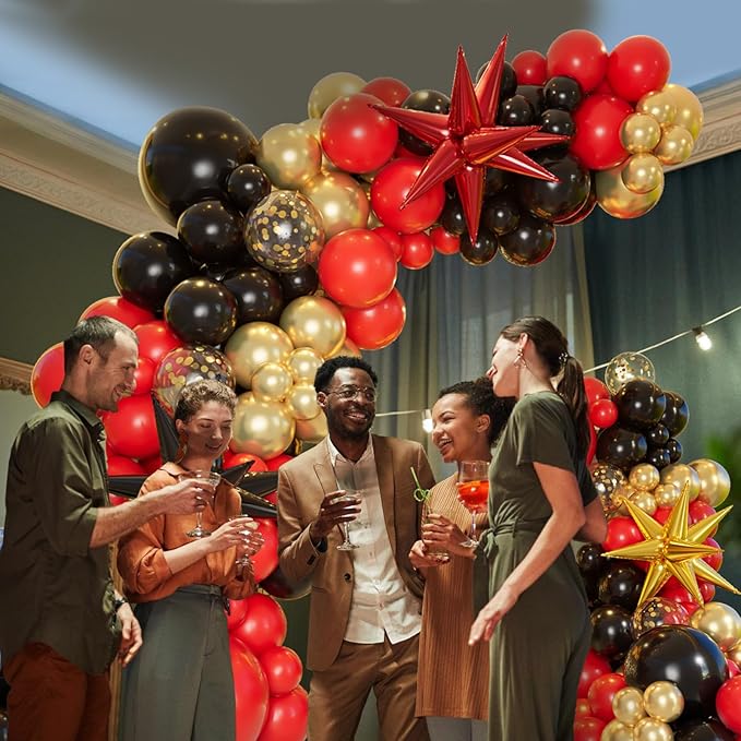 Bonropin 161pcs Red Black and Gold Balloons Garland Arch Kit with 5/10/12/18in Red Black Gold Balloons Explosion Star Balloons for 2025 Graduation Anniversary Casino Wedding Birthday Party Decorations