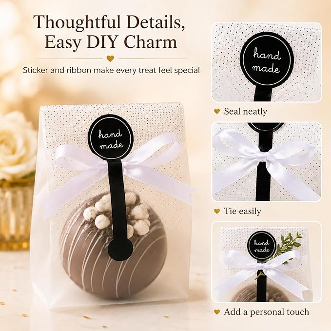 YunKo Cookie Bags for Packaging, 100 Pack Cellophane Treat Bags for Gift Giving, 3.4 x 9 in Cookie Packaging for Homemade Treats, Muffins, Candy, Mini Loaf, Party Favors, Black Dot