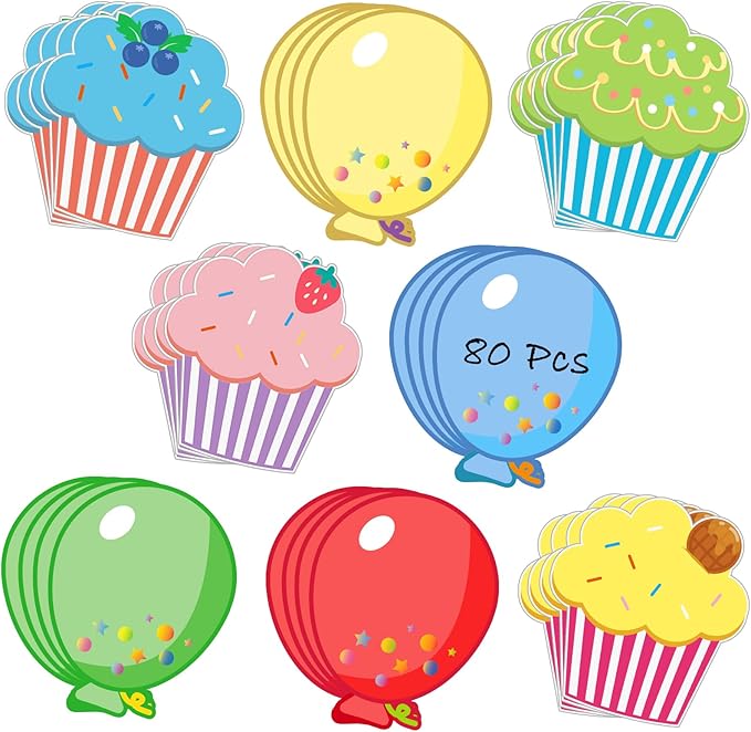 Vuzvuv 80Pcs 5In Cup Cake and Balloon Paper Cutouts with 160Pcs Glue Points,Cup Cake and Balloon Cut Outs Bulletin Board Decorations for Birthday Party Theme Decor Supplies