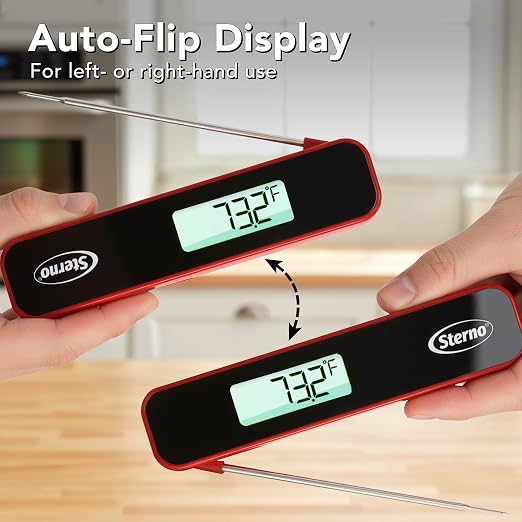 Sterno Digital Meat Thermometer for Cooking - Instant Read Food Thermometer with Motion Activated Auto-Wake, IPX5 Waterproof, Backlit Auto-Rotating Display & Internal Magnet for Grill, BBQ, Air Fryer