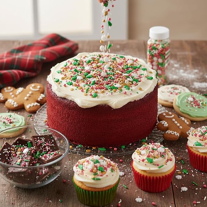 Trees & Snowflakes Red, White, Gold and Green Sprinkles Mix 4.4 oz, Christmas Sprinkles For Cake Decorating, Baking, Ice Cream & More, The Hampton Candy Company
