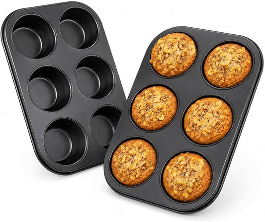 Premium Non-Stick Muffin Baking Pan,2Packs Cupcake Pan,Stainless steel 6-Cup Muffin Tin (Black)