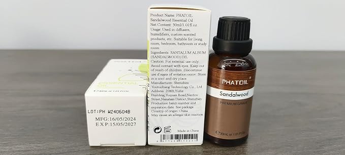 Sandalwood Essential Oil, 1.01Fl.Oz (30ML) PHATOIL Pure Essential Oil Singles for Aromatherapy Diffusers, Humidifiers, Great for DIY Candle and Soap Making, Gift for Friend