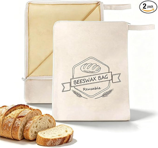 Puransen Zipper Beeswax Bread Bags for Homemade Bread and Fresh Bread Storage - Reusable Organic Beeswax Cotton Linen Storage Bags, Family Essentials Sourdough Bags with Zip to Keep Fresh - 2 Packs