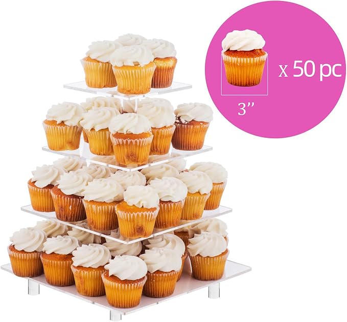 Jusalpha Large 4 Tier Cupcake Stand Square Acrylic Cupcake Tower Stand for Dessert, Pastry, Serving Platter-Candy Bar Party Décor and Supply(with Rod Feet) (4SF-V2)