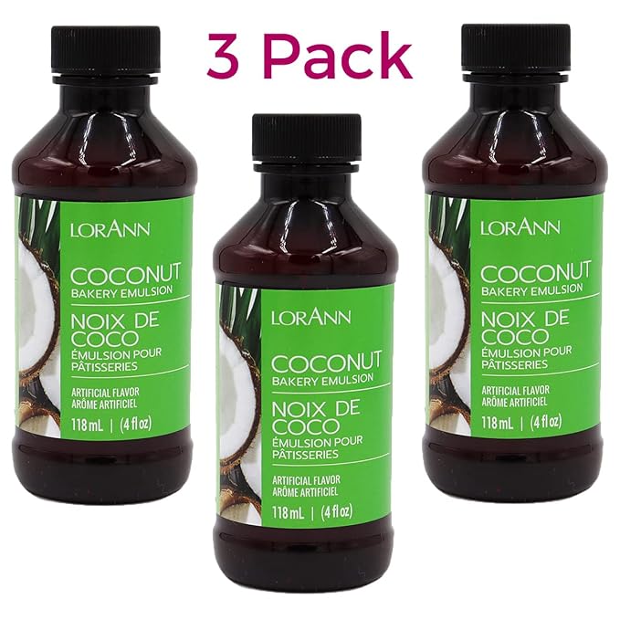 LorAnn Oils Coconut Bakery Emulsion: True Essence, Ideal for Boosting Fruit Tones in Cakes, Cookies & Desserts, Gluten-Free, Keto-Friendly, Extract Substitute Essential for Your Kitchen, 4 Oz, 3 Pack