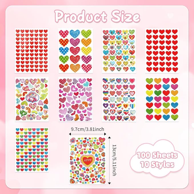 Heart Stickers, 6100 Pcs Small Self Adhesive Heart Sticker, 100 Sheets Gilter Love Sticker Bulk for Card Envelopes Gifts Craft Scrapbooking Wedding Mother's Day Valentines Day Party Decorations Favors