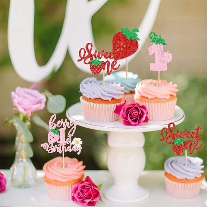 24Pack Red Strawberry Cupcake Toppers Pink Berry 1st Birthday Cupcake Picks for Strawberry Baby Shower Kids First Birthday Cake Decors Sweet One Cupcake Decoration Supplies