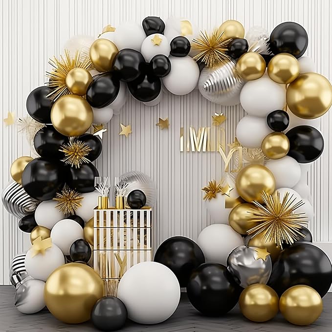 PartyWoo Black Gold and White Balloons, 140 pcs Black White and Metallic Gold Balloons Different Sizes Pack of 18 Inch 12 Inch 10 Inch 5 Inch for Balloon Garland or Arch as Birthday Party Decorations