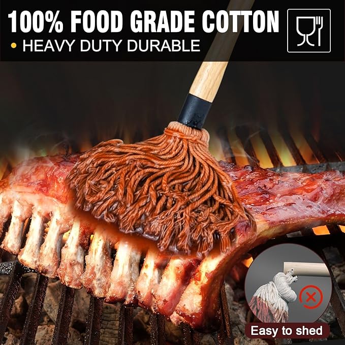 Walfos BBQ Mop Brushes for Sauce, Grilling Basting Mop Wooden Long Handle with 3 Heads, for Grilling, Barbecue, Smoking Steak (18")