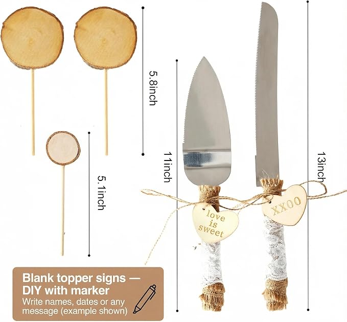 Relaxing Garden 12 Inch Bark Edge Wood Cake Stand Set with Toppers | Sealed 12 in bark-edge wood stand with knife, server and 3 write-on toppers for wedding, birthday and shower cakes
